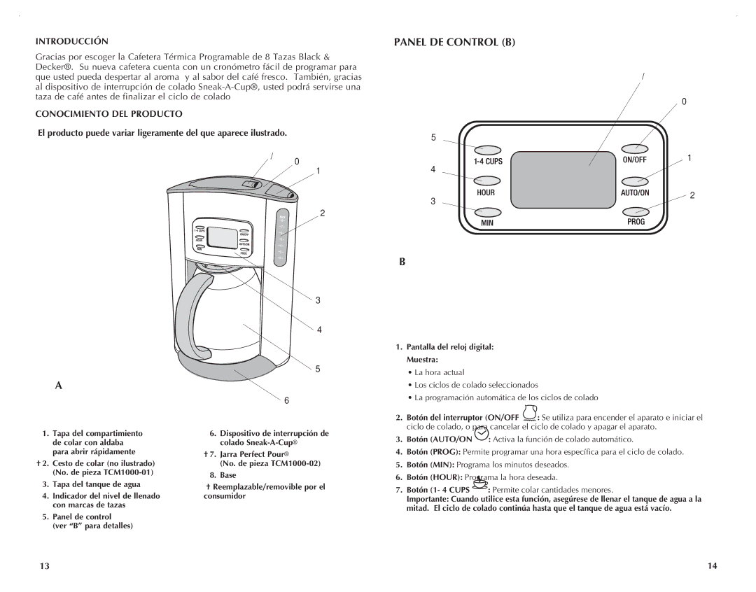 Black & Decker TCM1000KT manual Panel DE Control B 