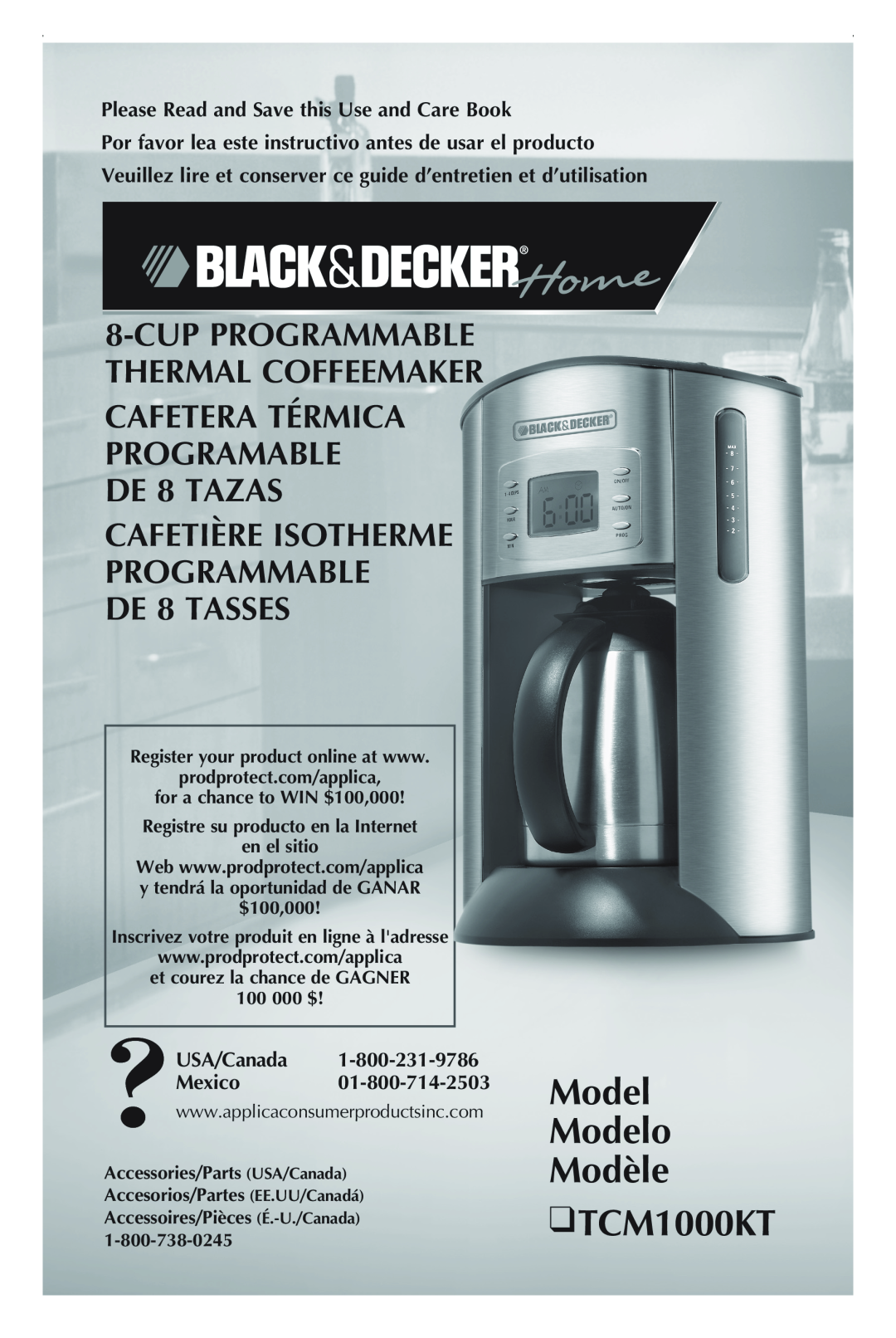 Black & Decker manual Model Modelo Modèle TCM1000KT, Cupprogrammable Thermal Coffeemaker, DE 8 TASSES 