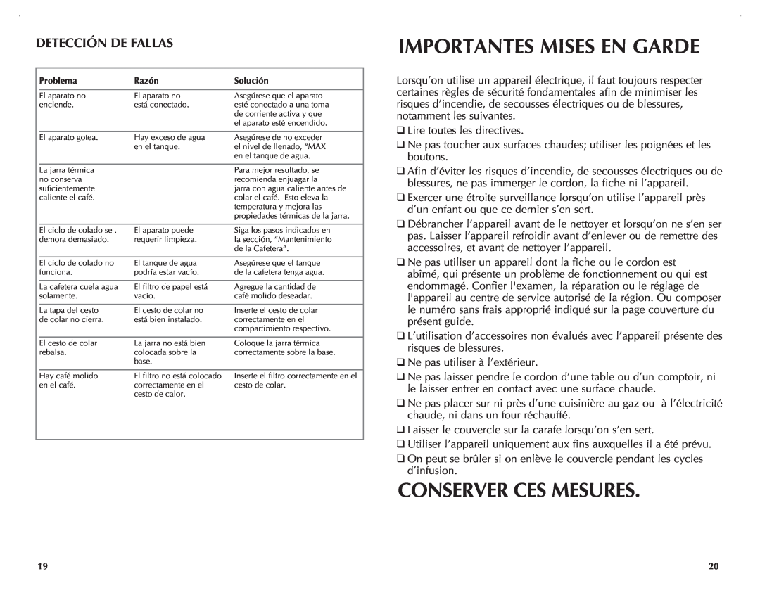 Black & Decker TCM1000KT manual Importantes Mises En Garde, Conserver Ces Mesures, Detección De Fallas 