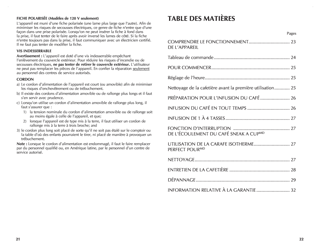 Black & Decker TCM1000KT manual Table Des Matières 