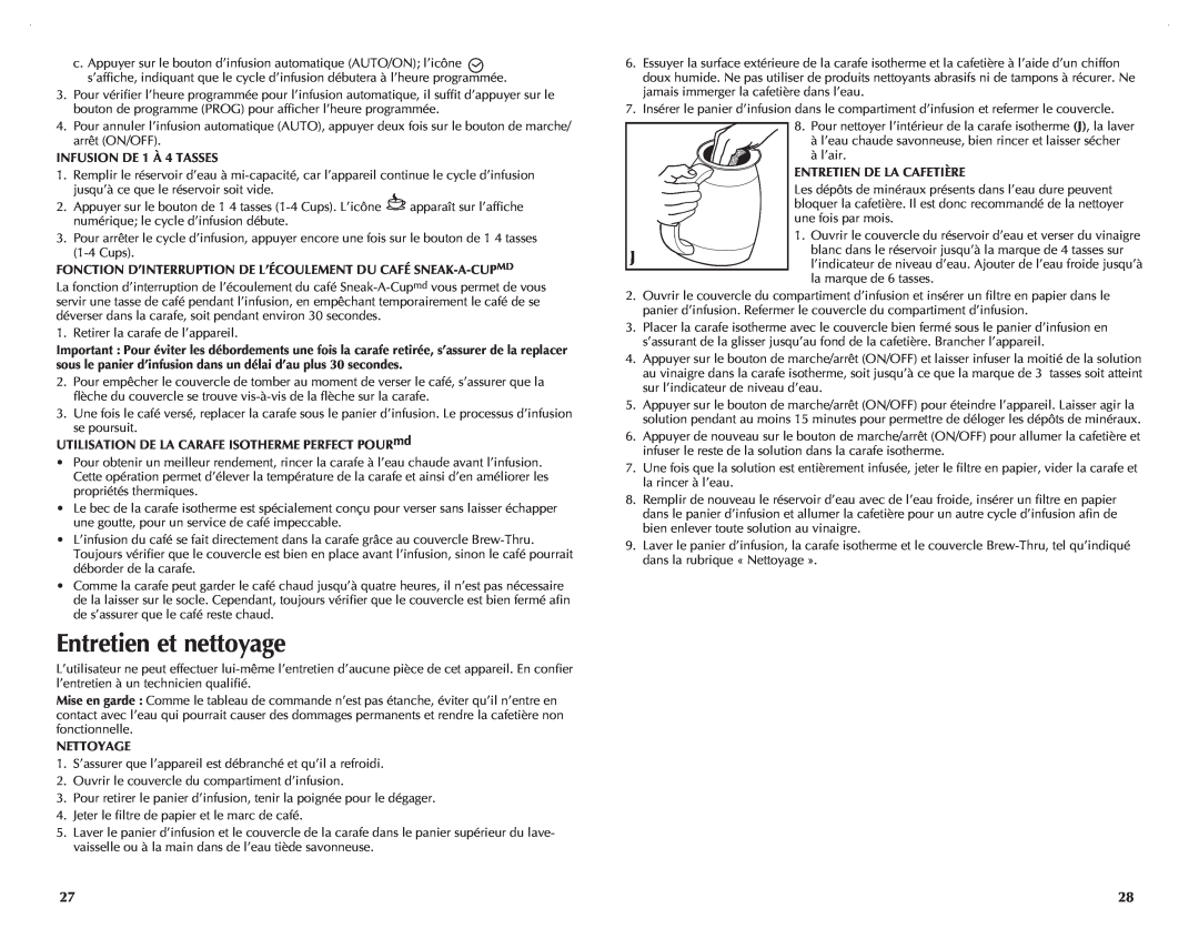 Black & Decker TCM1000KT manual Entretien et nettoyage, INFUSION DE 1 À 4 TASSES, Nettoyage, Entretien De La Cafetière 