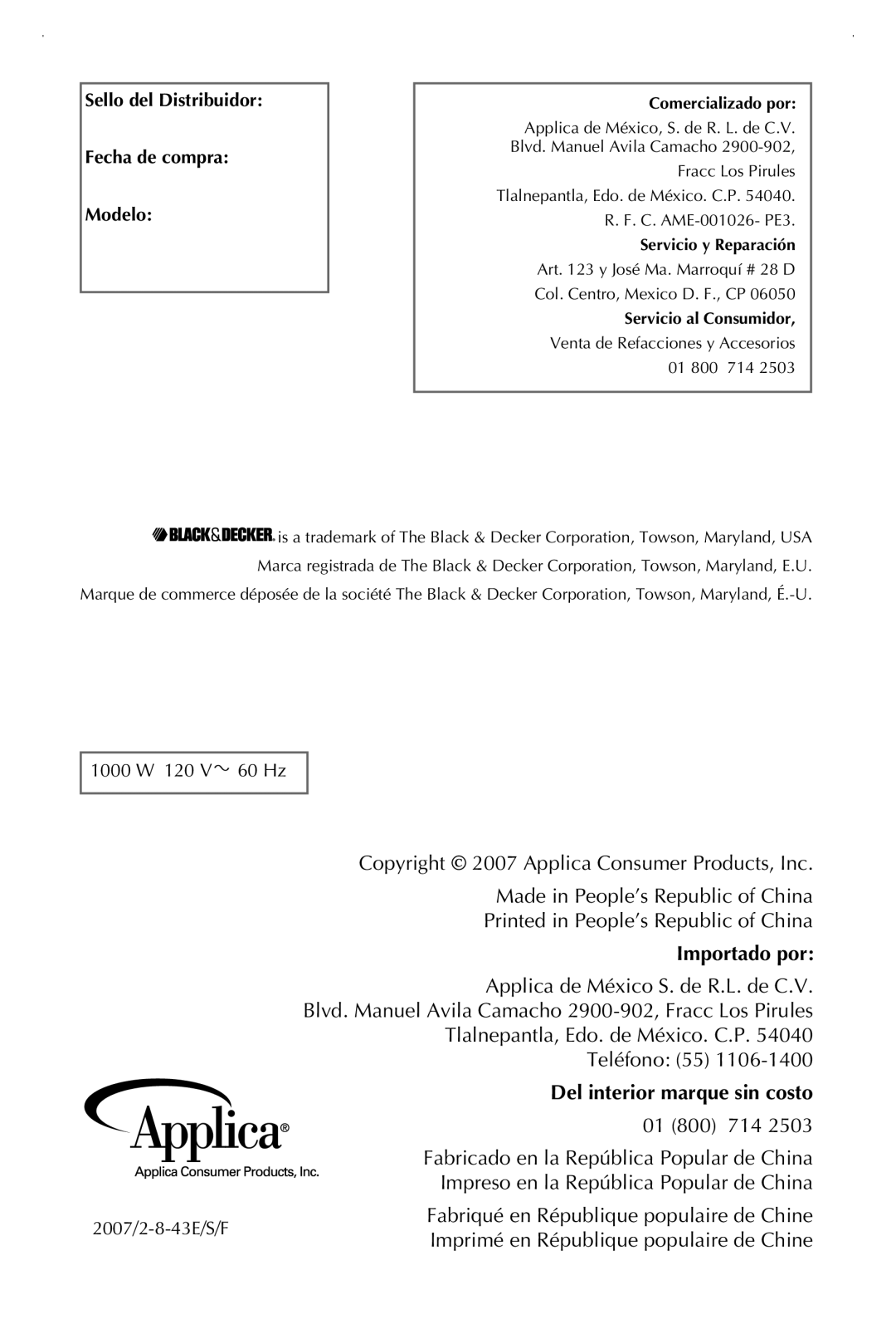 Black & Decker TCM1000KT manual Importado por, Del interior marque sin costo 