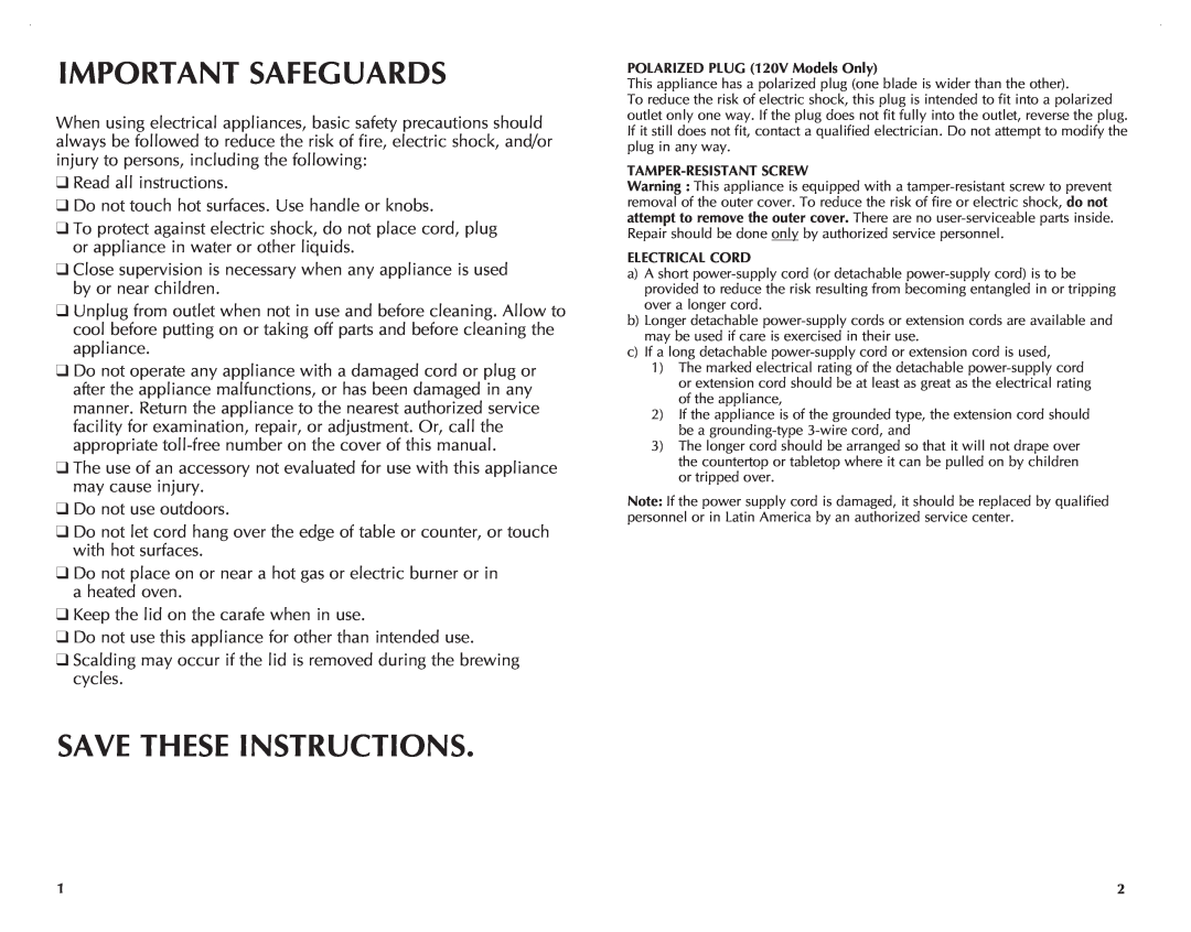 Black & Decker TCM1000KT manual Important Safeguards, Save These Instructions 