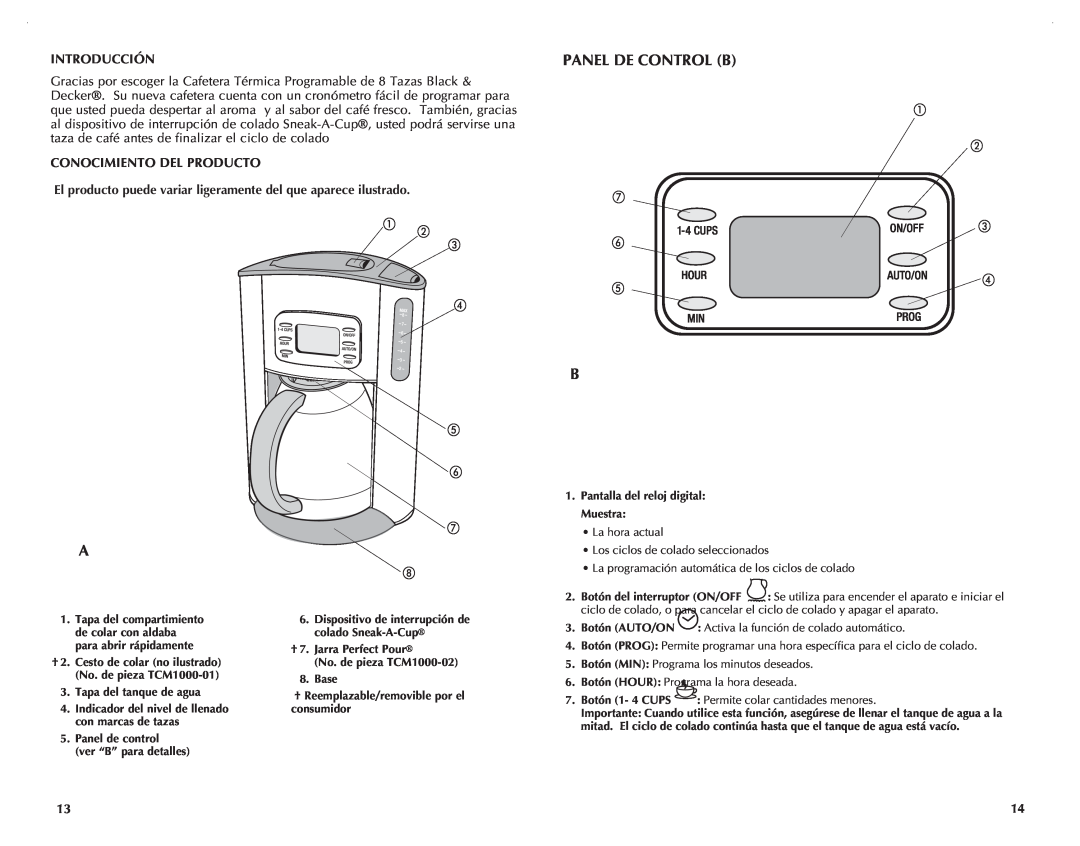 Black & Decker TCM1000KT manual Panel De Control B, Introducción, Conocimiento Del Producto 