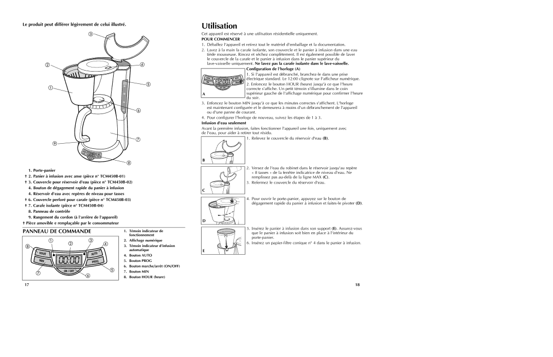 Black & Decker TCM450B manual Utilisation, Panneau DE Commande, Le produit peut différer légèrement de celui illustré 