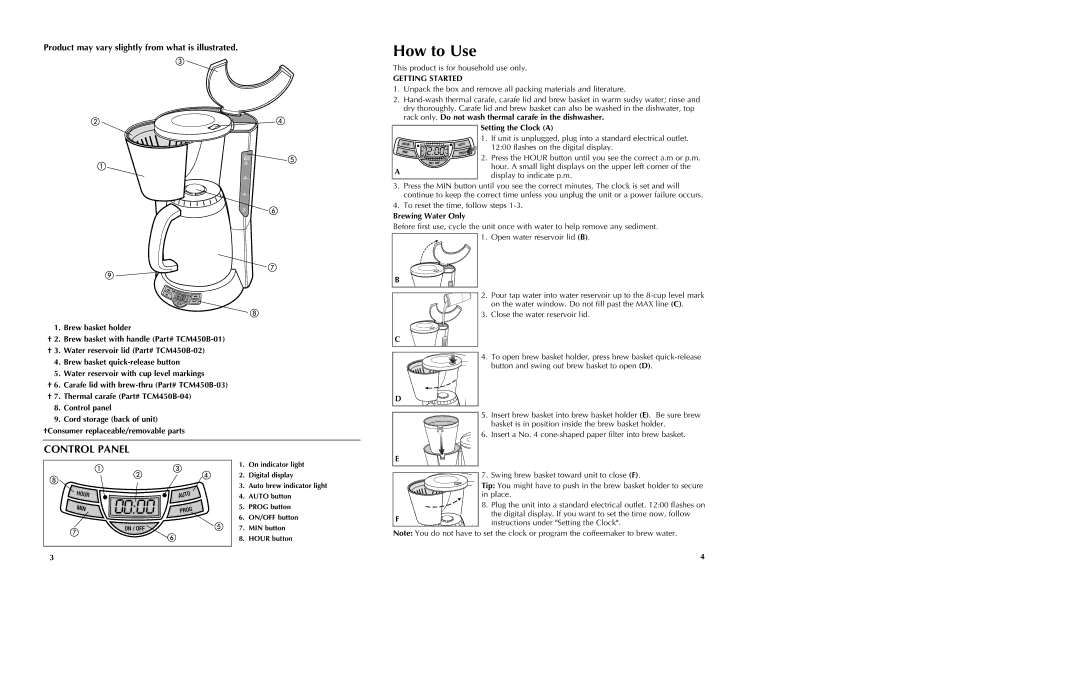 Black & Decker TCM450B How to Use, Control Panel, Product may vary slightly from what is illustrated, Getting Started 