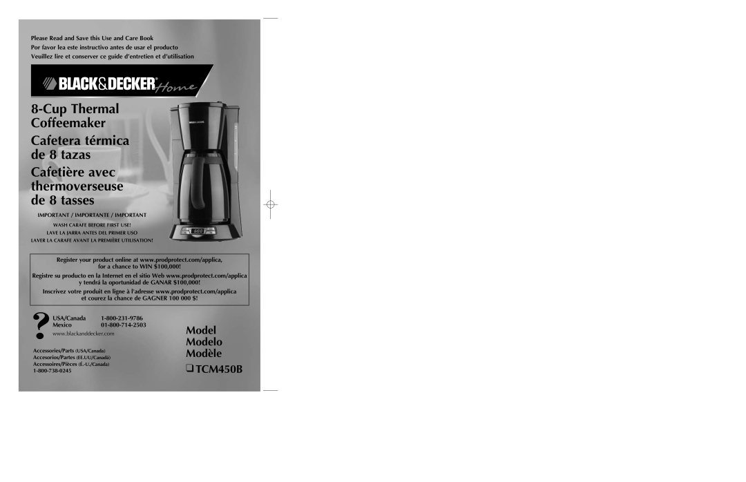 Black & Decker manual Model Modelo Modèle TCM450B, Cup Thermal Coffeemaker Cafetera térmica de 8 tazas 