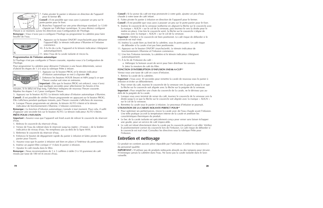 Black & Decker TCM450B manual Entretien et nettoyage, Programmation de linfusion automatique, Prête Pour Linfusion 