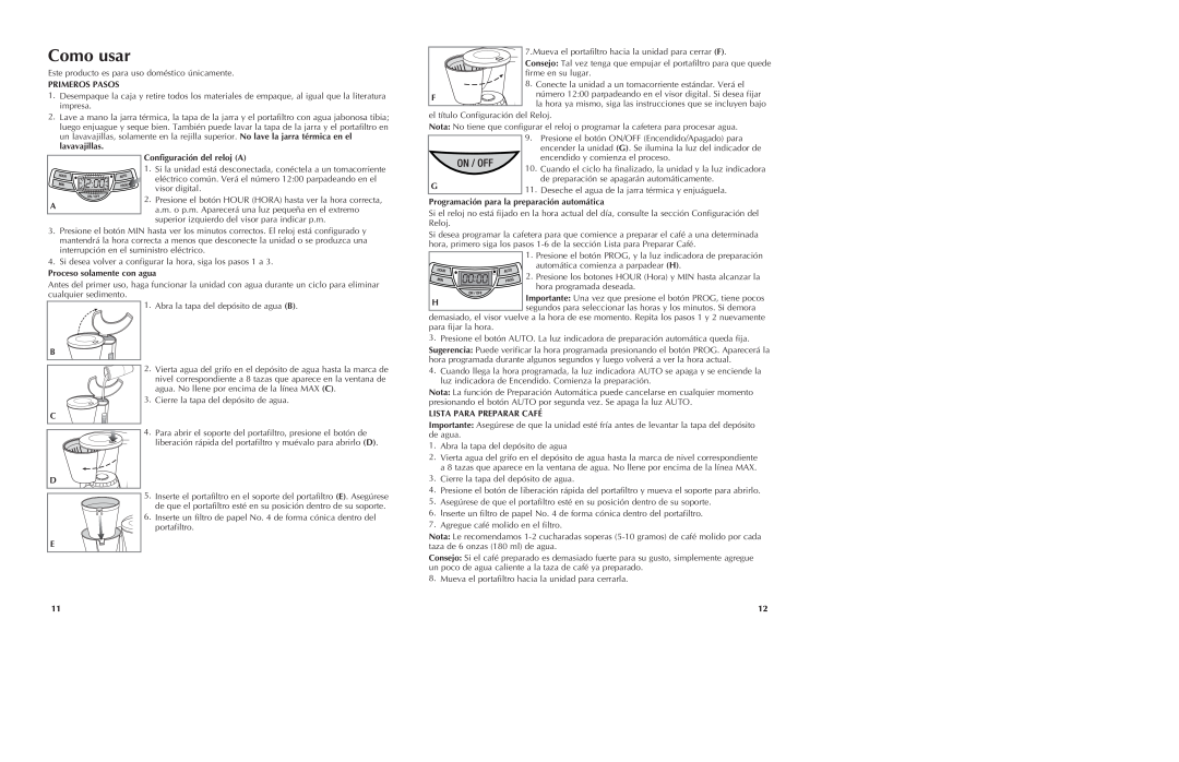Black & Decker TCM450B manual Como usar, Primeros Pasos, Configuración del reloj A, Proceso solamente con agua 