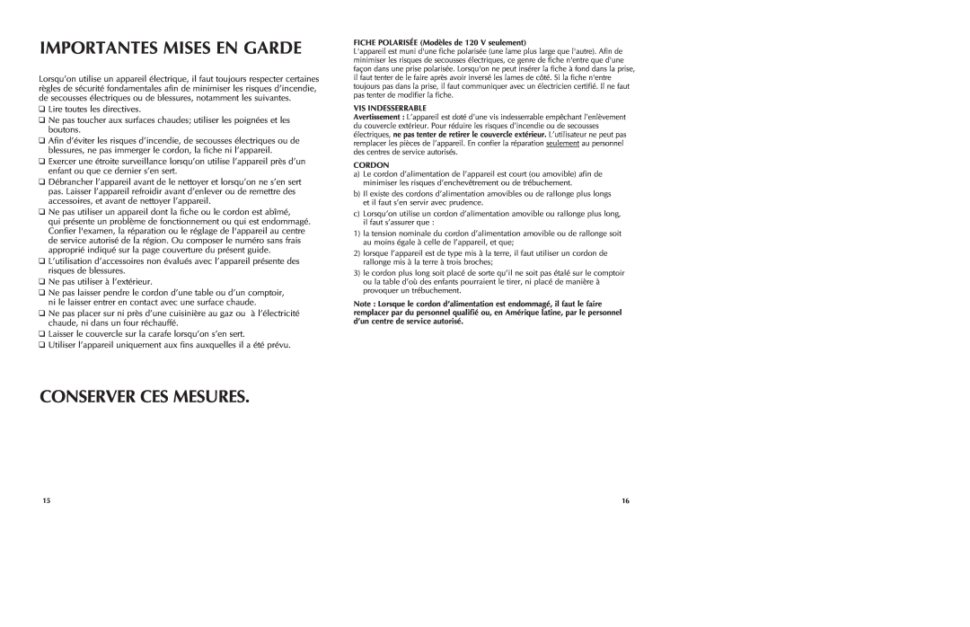 Black & Decker TCM450B manual Importantes Mises En Garde, Conserver Ces Mesures 