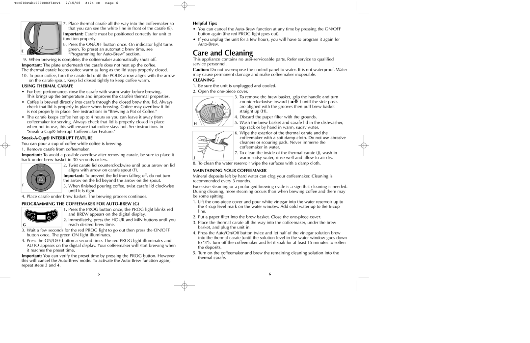 Black & Decker TCM700 manual Care and Cleaning, Using Thermal Carafe, Programming the Coffeemaker for AUTO-BREW G 