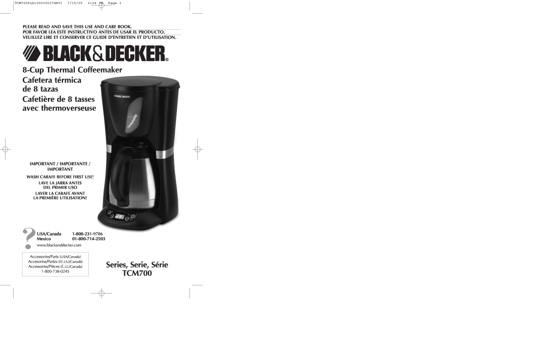 Black & Decker TCM700 manual de 8 tazas, Cup Thermal Coffeemaker Cafetera térmica, Series, Serie, Série 