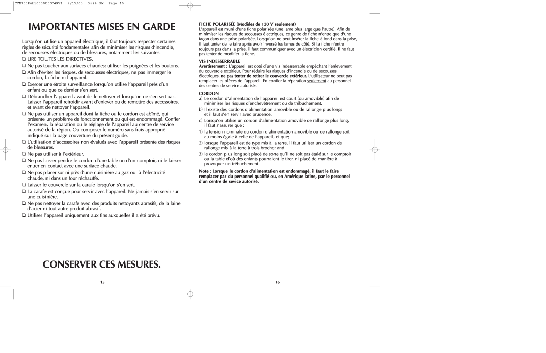 Black & Decker TCM700 manual Importantes Mises En Garde, Conserver Ces Mesures 