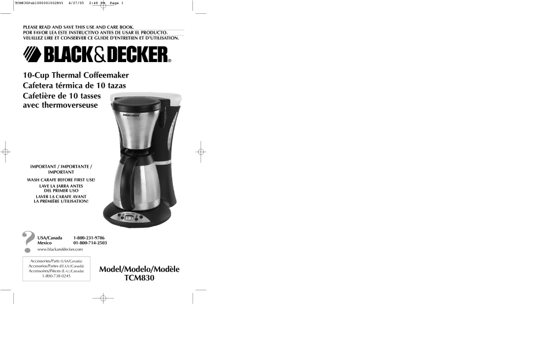 Black & Decker manual Avec thermoverseuse, Model/Modelo/Modèle TCM830, Please Read and Save this USE and Care Book 