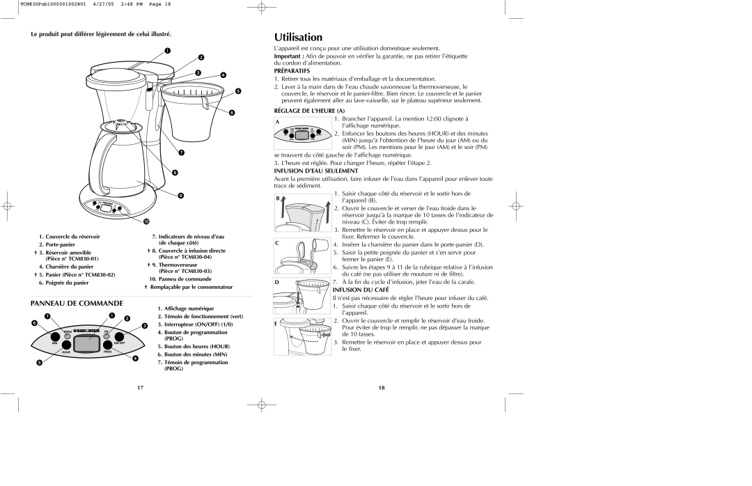 Black & Decker TCM830 manual Utilisation, Panneau DE Commande 