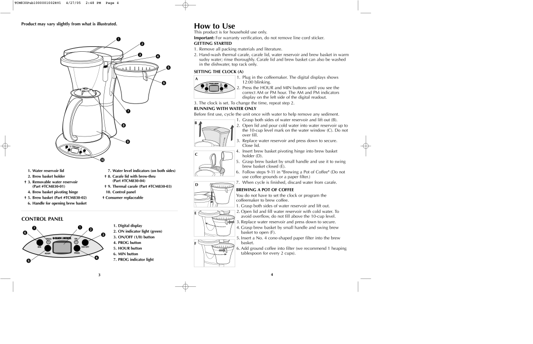 Black & Decker TCM830 manual How to Use, Control Panel 