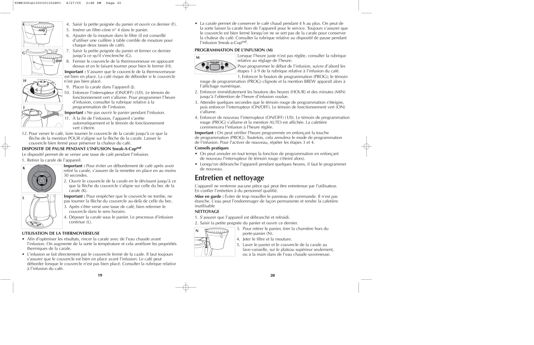 Black & Decker TCM830 Entretien et nettoyage, Programmation De L’Infusion M, Utilisation De La Thermoverseuse, Nettoyage 