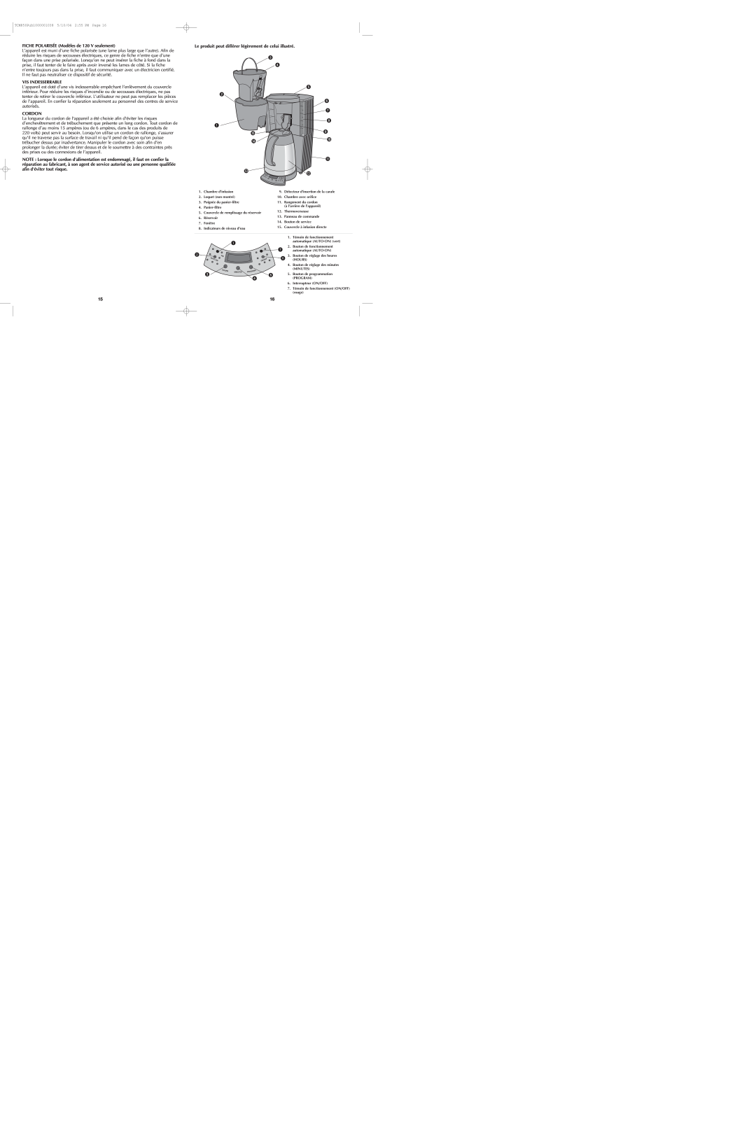 Black & Decker TCM850 manual FICHE POLARISÉE Modèles de 120 V seulement, Vis Indesserrable, Cordon 