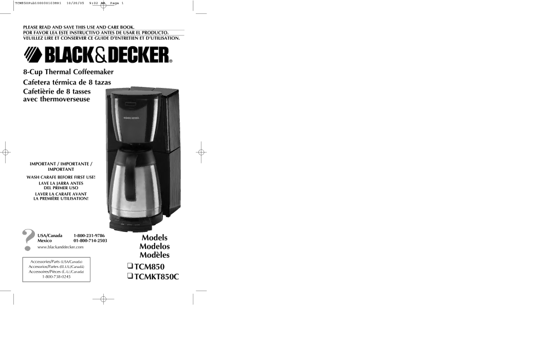 Black & Decker TCMKT850C manual Models Modelos Modèles TCM850, USA/Canada Mexico01-800-714-2503 