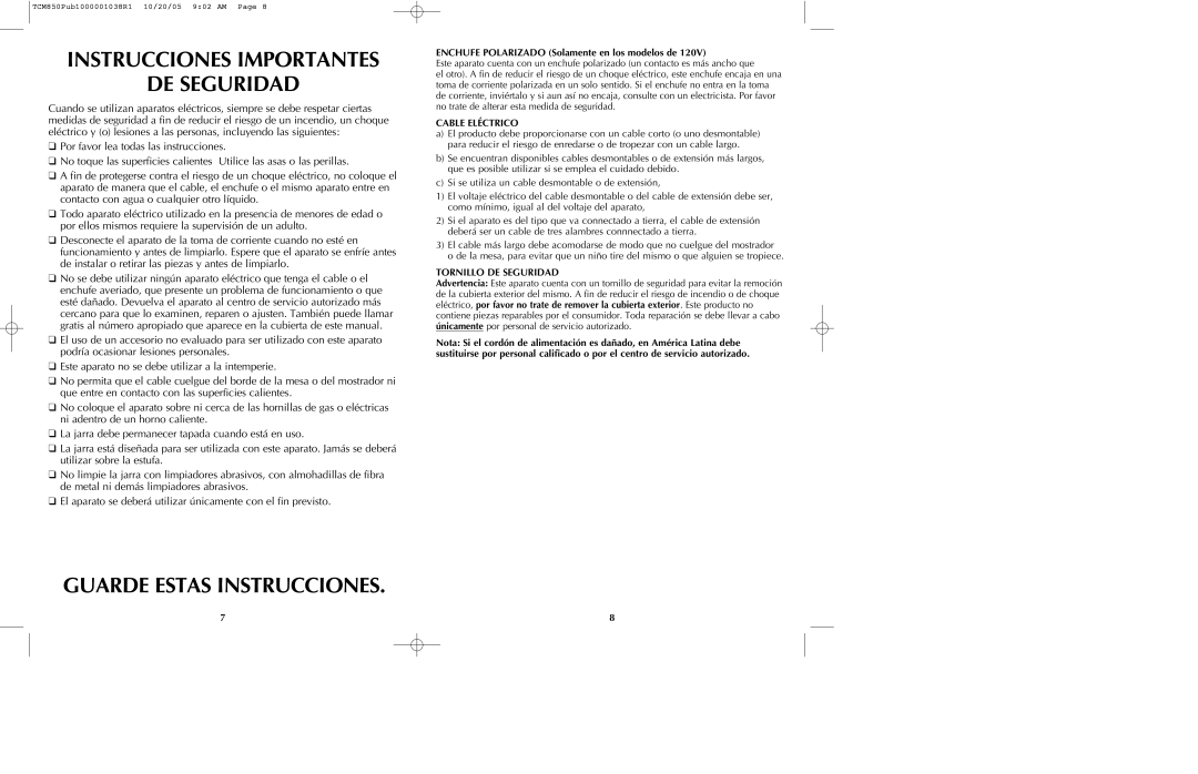 Black & Decker TCMKT850C manual Instrucciones Importantes DE Seguridad, Guarde Estas Instrucciones, Cable Eléctrico 