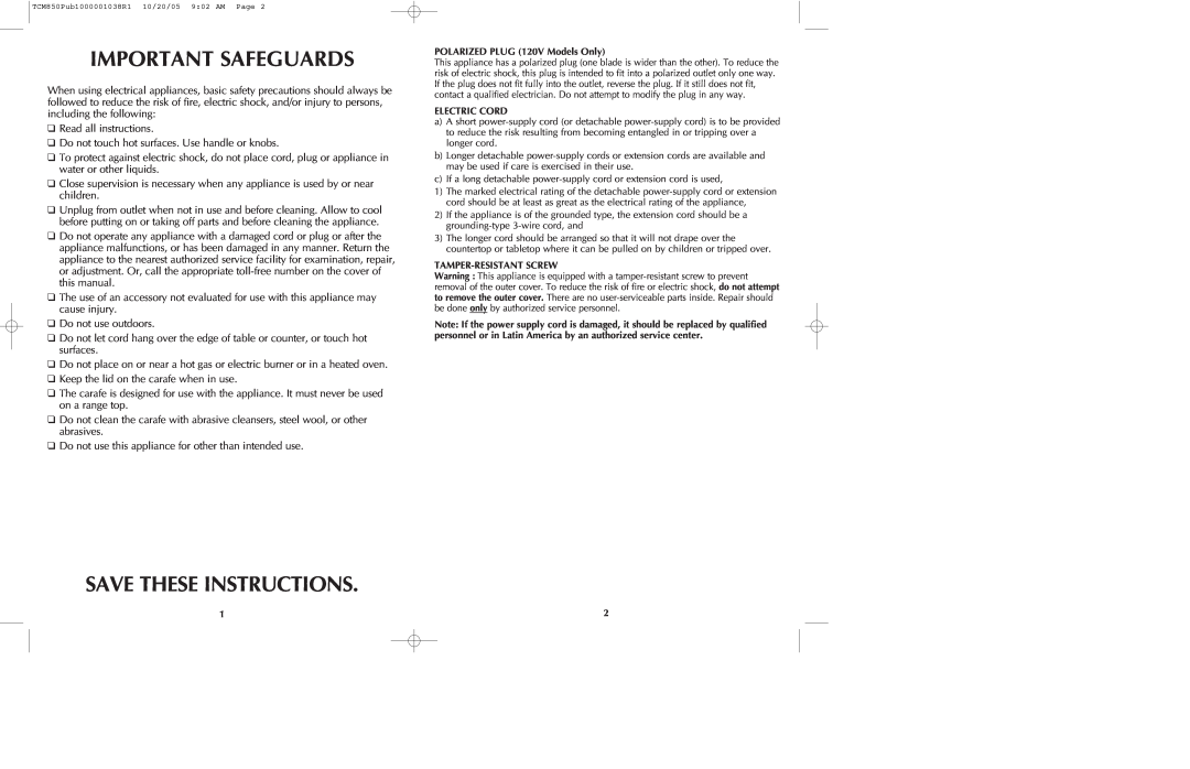 Black & Decker TCMKT850C manual Important Safeguards, Save These Instructions 