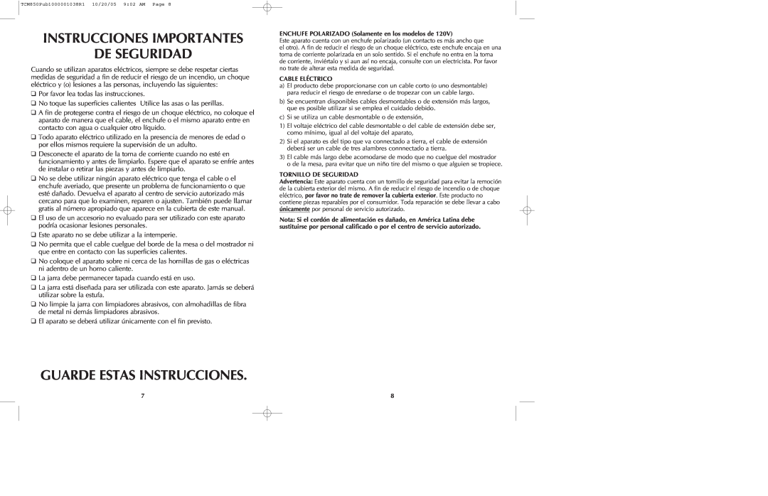 Black & Decker TCMKT850C manual Instrucciones Importantes De Seguridad, Guarde Estas Instrucciones 