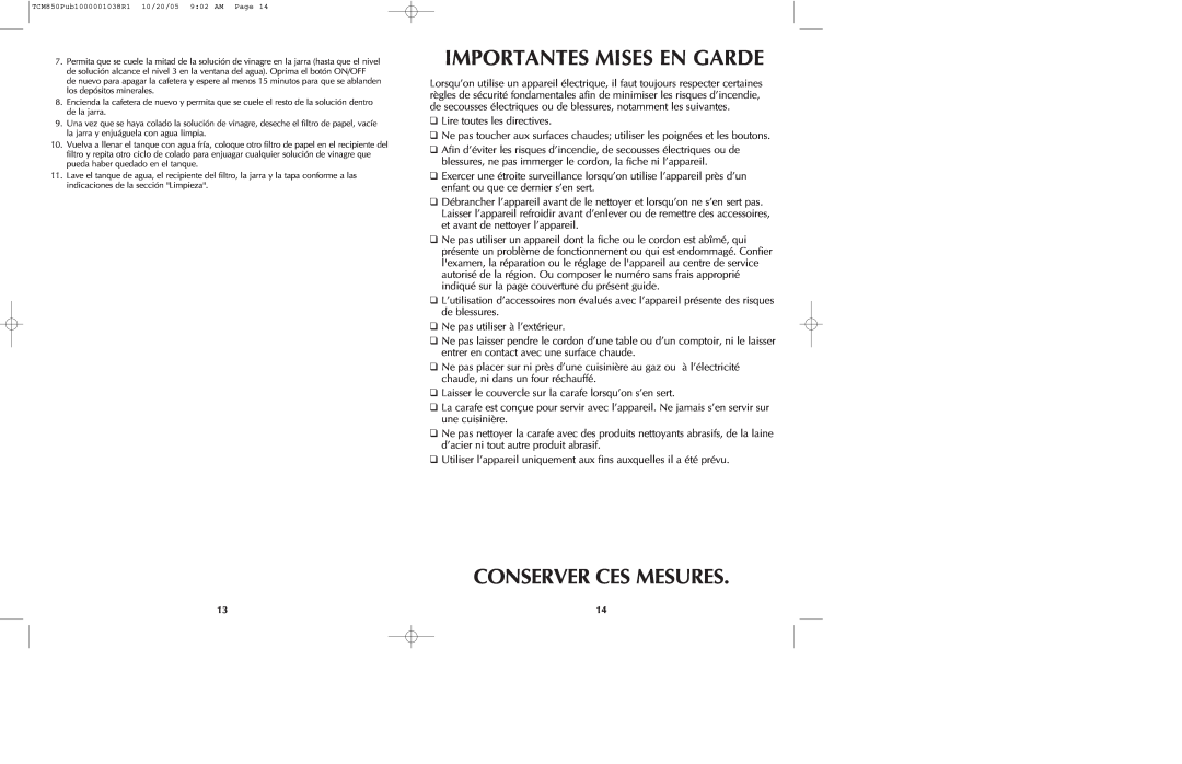 Black & Decker TCMKT850C manual Importantes Mises En Garde, Conserver Ces Mesures 
