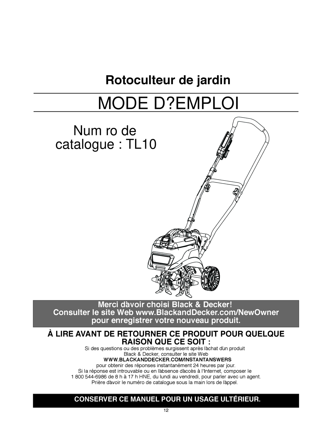 Black & Decker TL10 instruction manual Mode D?EMPLOI 