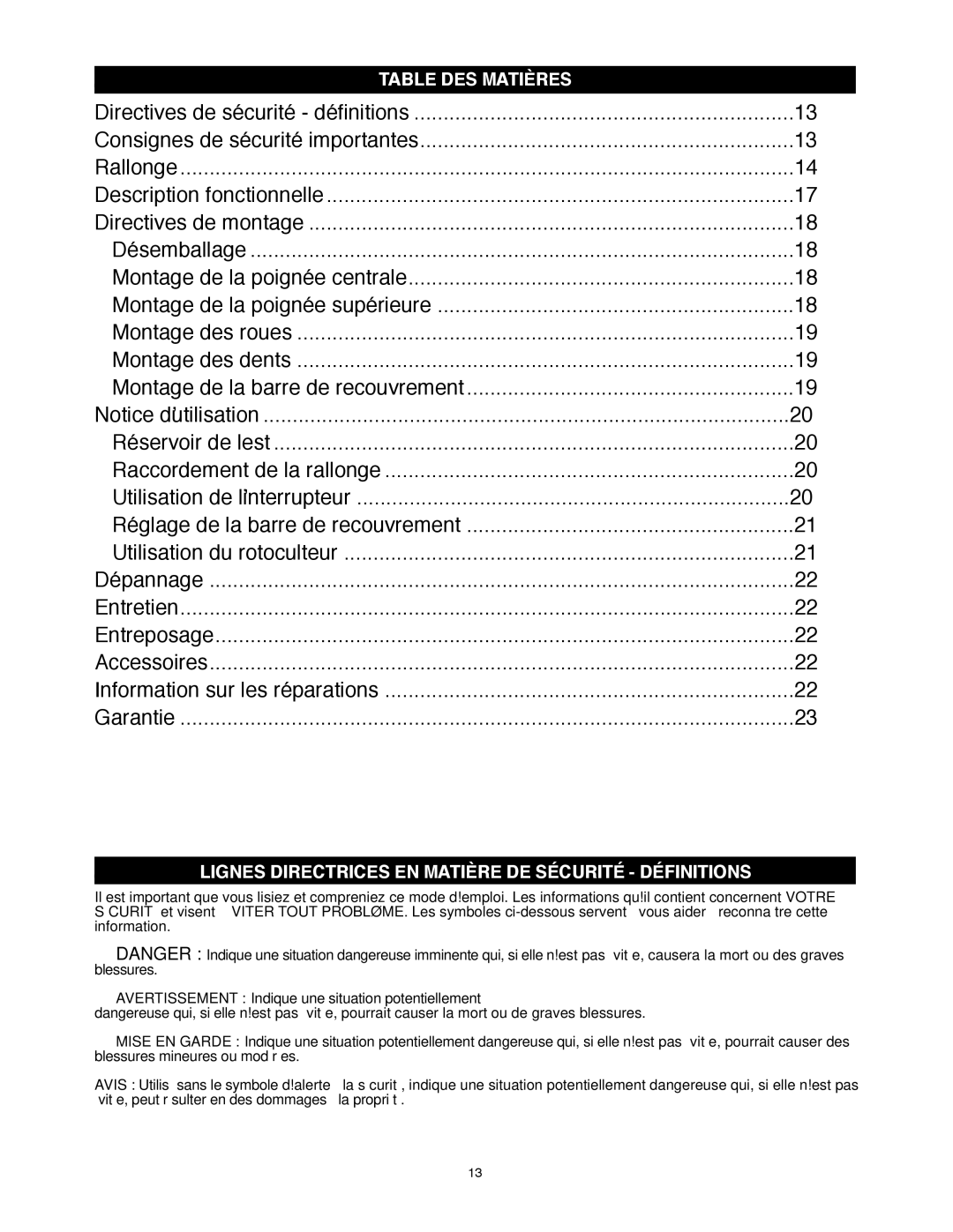 Black & Decker TL10 instruction manual Table DES Matières, Lignes Directrices EN Matière DE Sécurité Définitions 