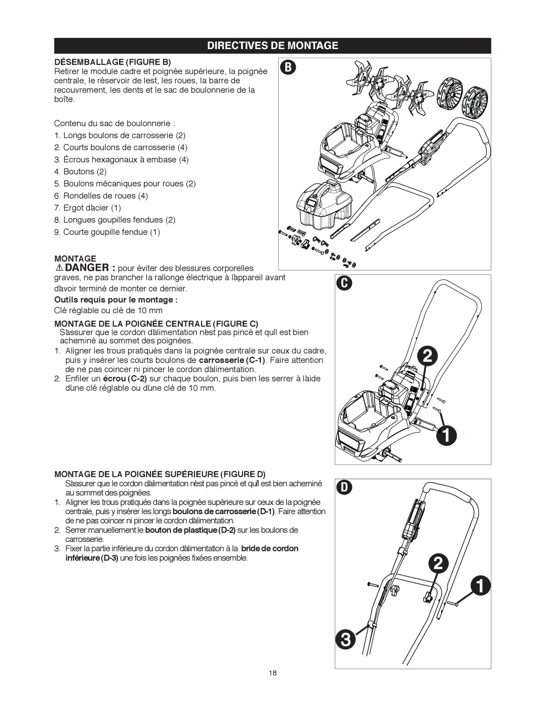 Black & Decker TL10 Directives DE Montage, Désemballage Figure B, Montage DE LA Poignée Centrale Figure C 