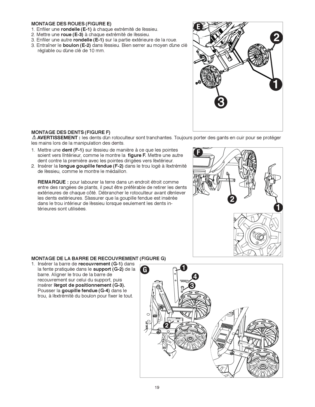 Black & Decker TL10 Montage DES Roues Figure E, Montage DES Dents Figure F, Montage DE LA Barre DE Recouvrement Figure G 