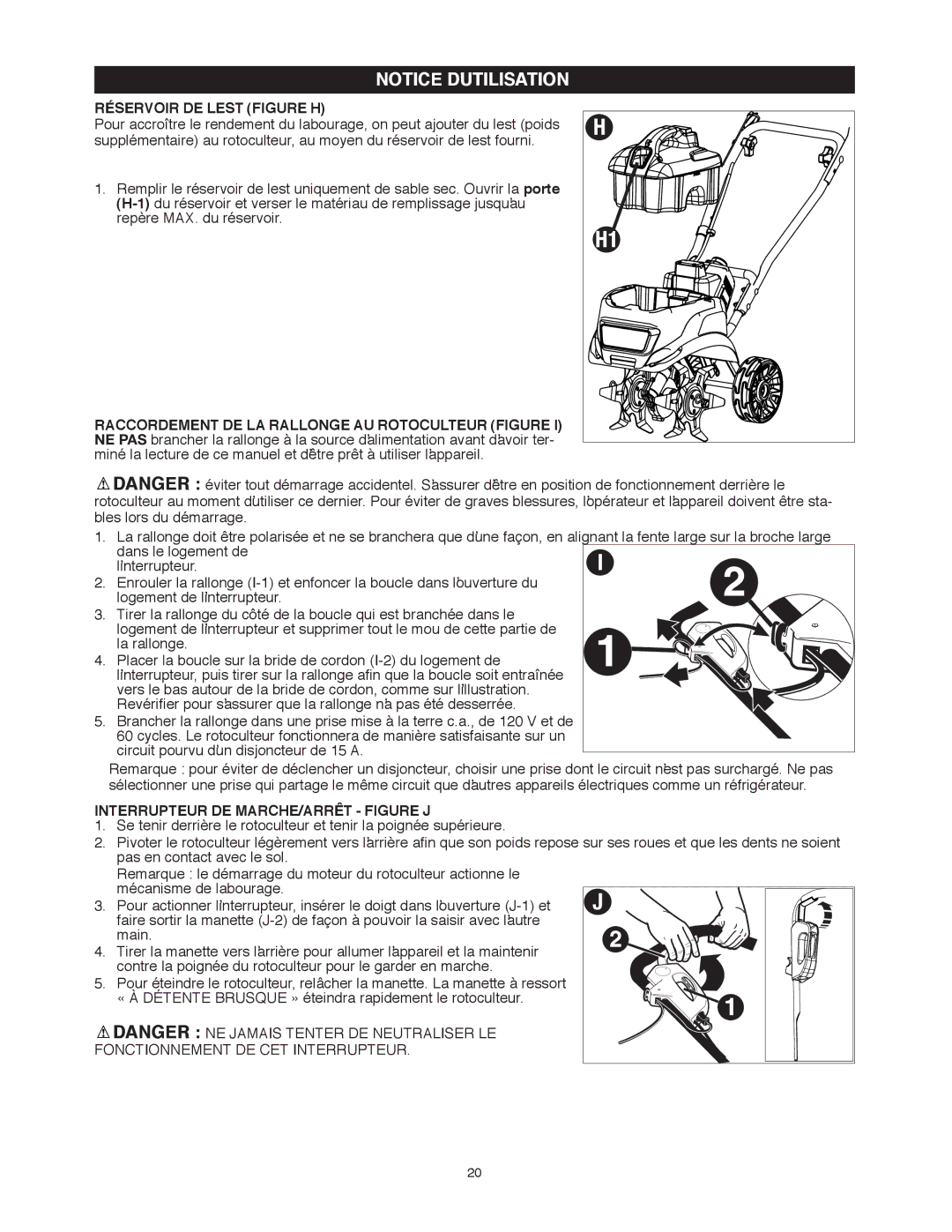 Black & Decker TL10 instruction manual Réservoir DE Lest Figure H, Raccordement DE LA Rallonge AU Rotoculteur Figure 