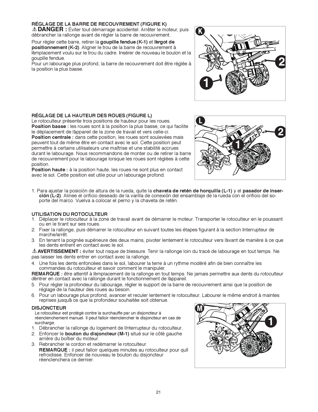 Black & Decker TL10 Réglage DE LA Barre DE Recouvrement Figure K, Réglage DE LA Hauteur DES Roues Figure L, Disjoncteur 