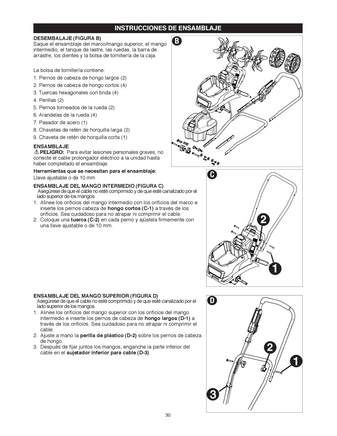 Black & Decker TL10 Instrucciones DE Ensamblaje, Desembalaje Figura B, Ensamblaje DEL Mango Intermedio Figura C 