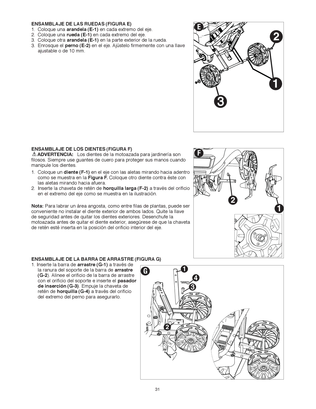 Black & Decker TL10 instruction manual Ensamblaje DE LAS Ruedas Figura E, Ensamblaje DE LOS Dientes Figura F 