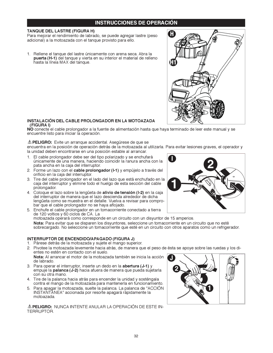 Black & Decker TL10 Instrucciones DE Operación, Tanque DEL Lastre Figura H, Interruptor DE ENCENDIDO/APAGADO Figura J 