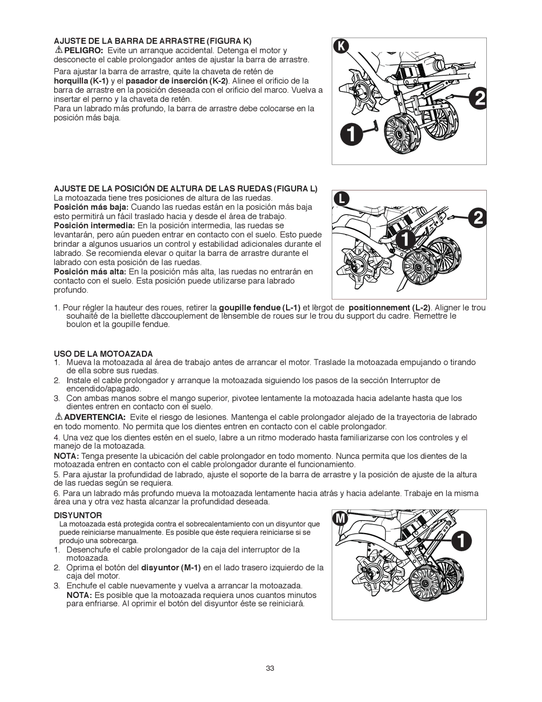 Black & Decker TL10 Ajuste DE LA Barra DE Arrastre Figura K, Ajuste DE LA Posición DE Altura DE LAS Ruedas Figura L 