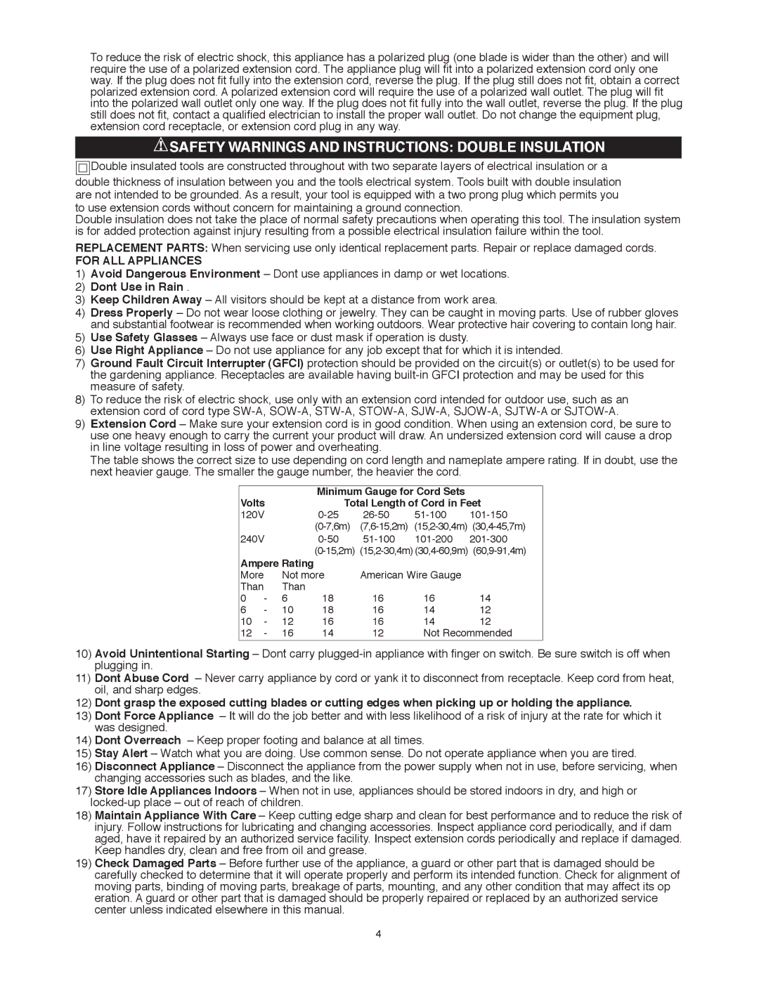 Black & Decker TL10 Safety Warnings and Instructions Double Insulation, For ALL Appliances, Donʼt Use in Rain 