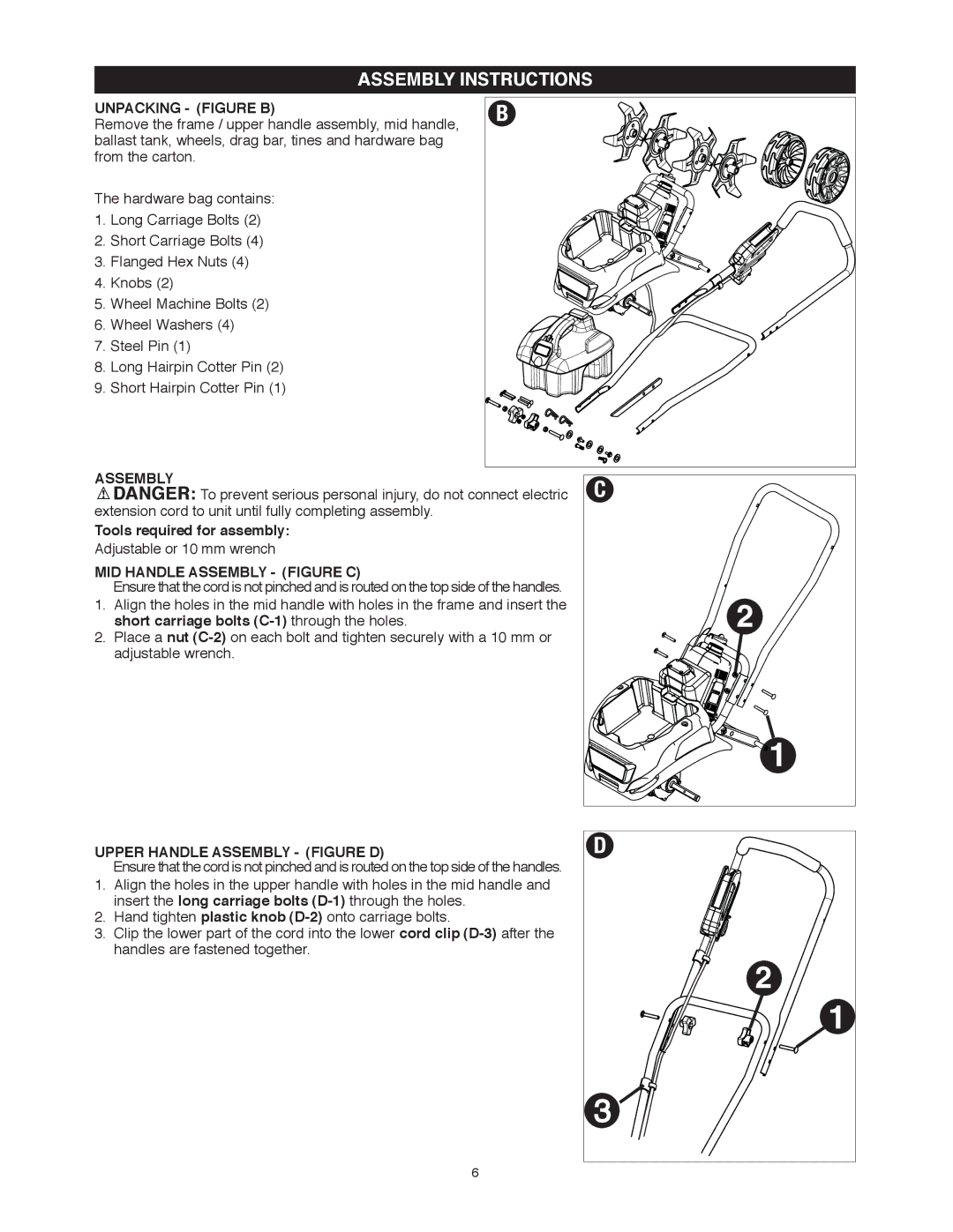 Black & Decker TL10 instruction manual Assembly Instructions, Unpacking Figure B, MID Handle Assembly Figure C 