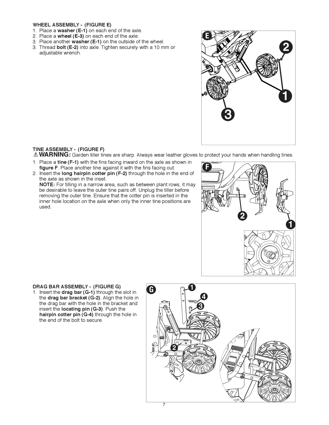 Black & Decker TL10 instruction manual Wheel Assembly Figure E, Tine Assembly Figure F, Drag BAR Assembly Figure G 