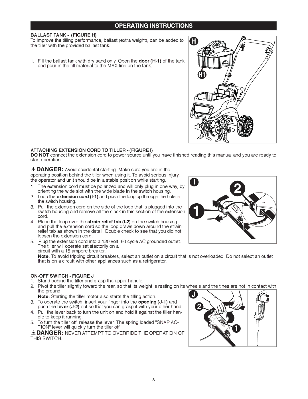 Black & Decker TL10 Operating Instructions, Ballast Tank Figure H, Attaching Extension Cord to Tiller Figure 