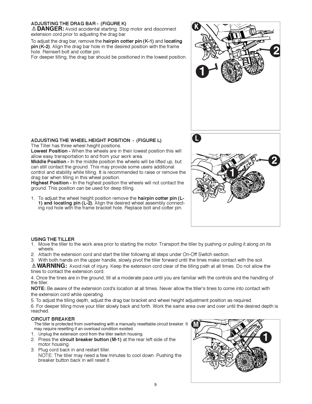 Black & Decker TL10 instruction manual Adjusting the Drag BAR Figure K, Using the Tiller, Circuit Breaker 