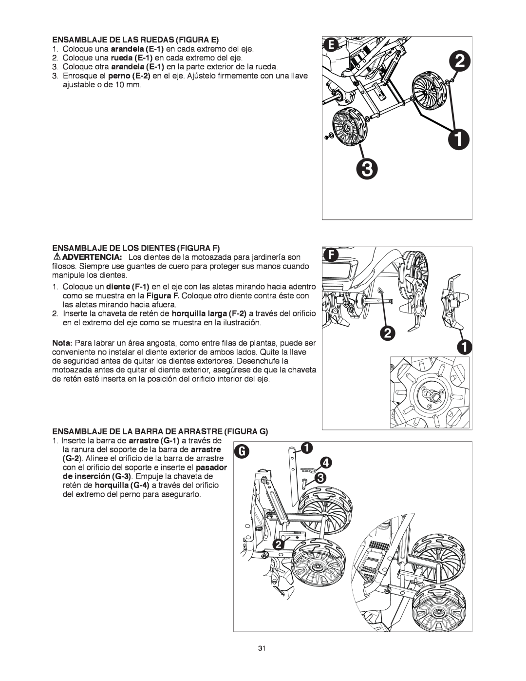 Black & Decker TL10 instruction manual Ensamblaje De Las Ruedas Figura E, Ensamblaje De Los Dientes Figura F 