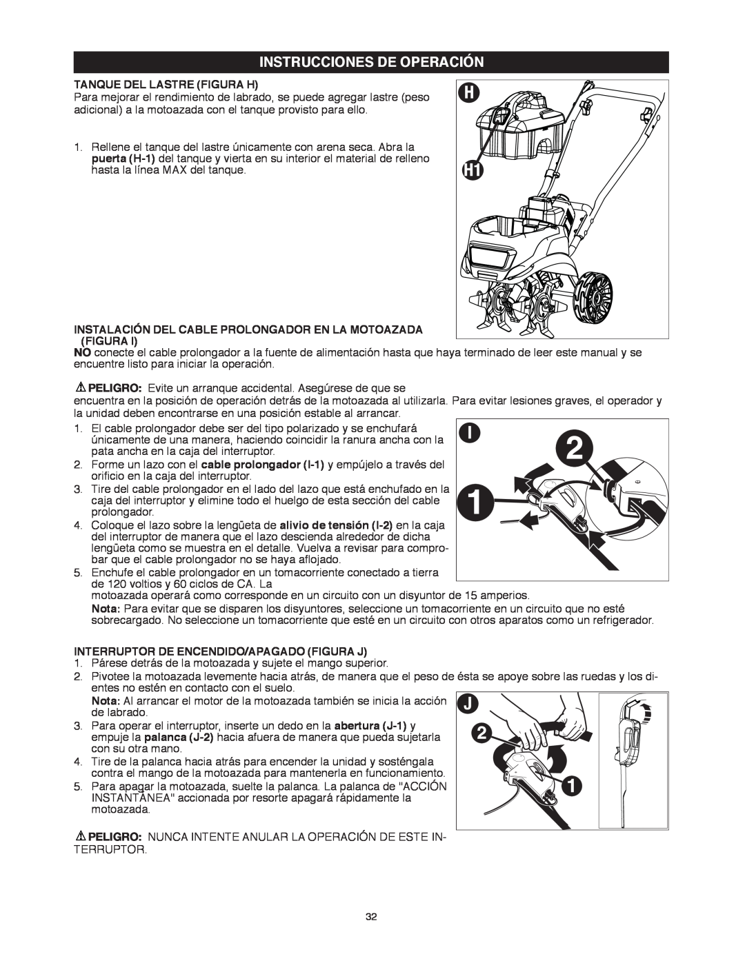 Black & Decker TL10 Instrucciones De Operación, Tanque Del Lastre Figura H, Interruptor De Encendido/Apagado Figura J 