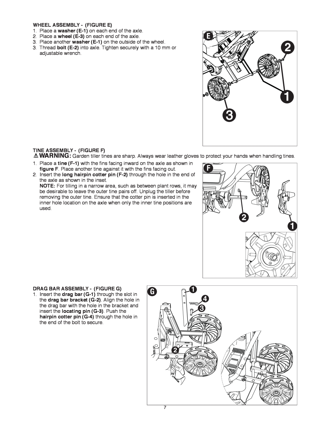 Black & Decker TL10 instruction manual Wheel Assembly - Figure E, Tine Assembly - Figure F, Drag Bar Assembly - Figure G 