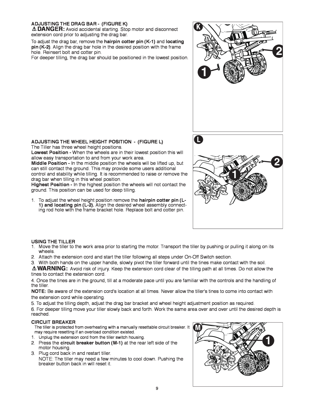 Black & Decker TL10 instruction manual Adjusting The Drag Bar - Figure K, Using The Tiller, Circuit Breaker 