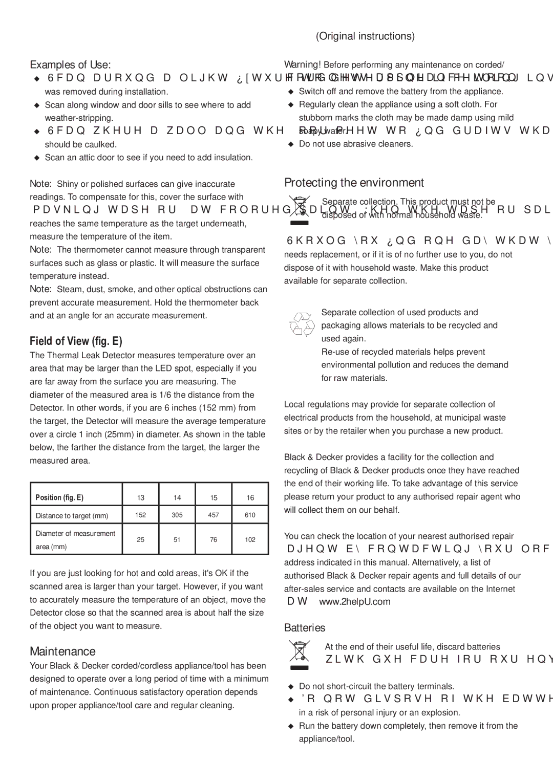 Black & Decker TLD100 manual Maintenance, Protecting the environment, Examples of Use, Field of View fig. E, Batteries 