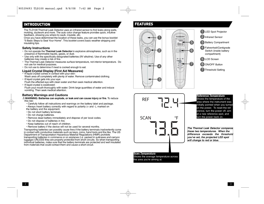 Black & Decker TLD100 Introduction Features, Safety Instructions, Liquid Crystal Display First Aid Measures 