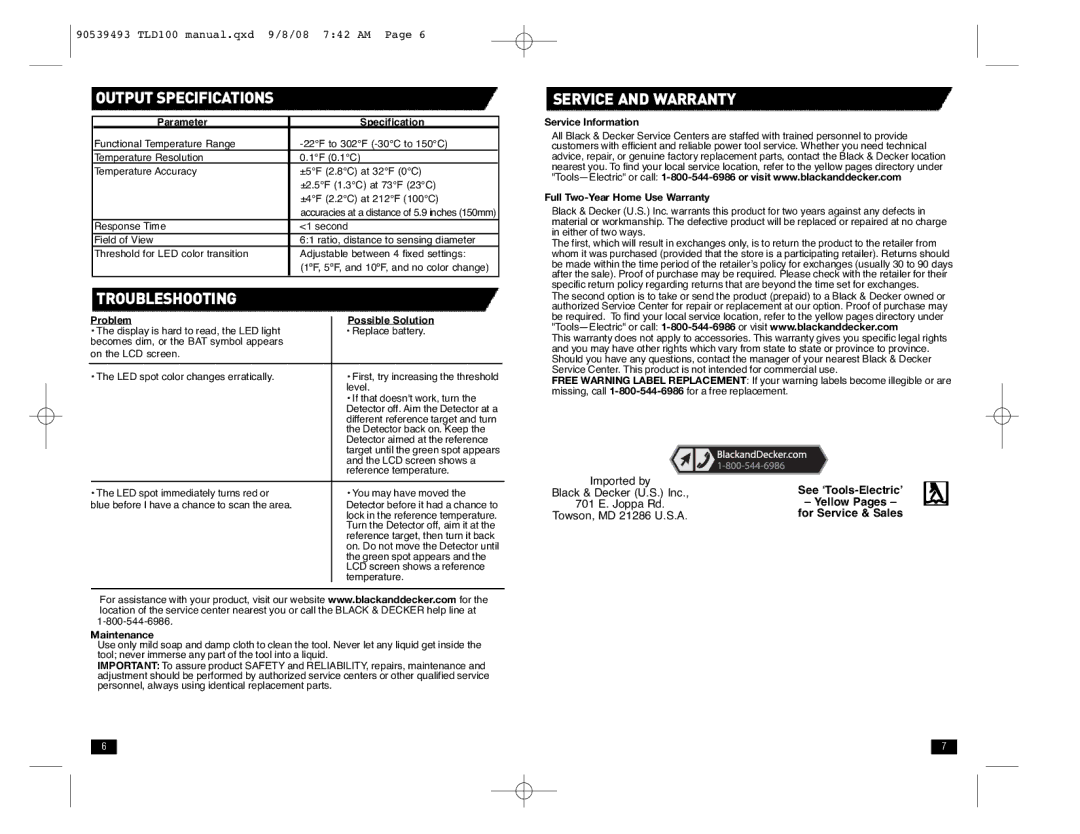 Black & Decker TLD100 instruction manual Output Specifications, Troubleshooting, Service and Warranty 