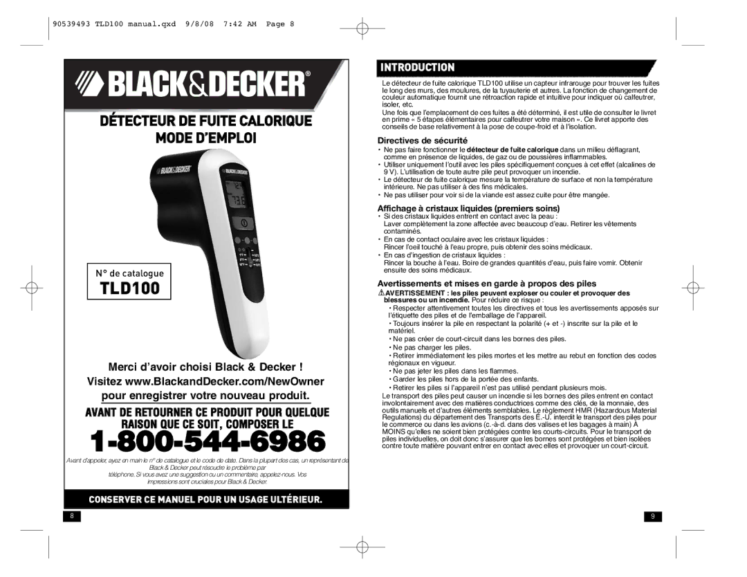 Black & Decker TLD100 instruction manual Introduction, Directives de sécurité, Affichage à cristaux liquides premiers soins 